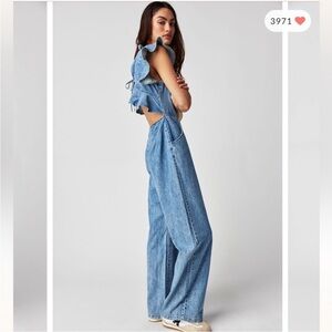 Free People We The Free Love Bite Ruffles Cute Cutouts Denim Jumpsuit